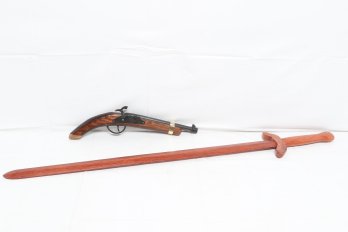 Lot Of Vintage Flintlock Pistol And Wooden Training Sword