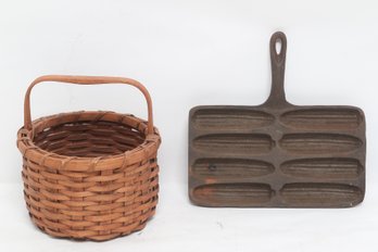 Vintage Hand-woven Basket & Cast-Iron Cornbread Pan Lot