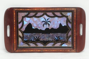 Vintage Brazilian Inlaid Wood Serving Tray Tropical Scene Created With Butterfly Wings