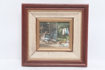 Framed Country Farmyard Scene Oil On Board Painting Chicken Yard Rustic Decor 6.75' X 6.75'