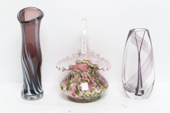 Art Glass Vase & Basket Lot Hand Blown Swirl Pink Green Signed Pieces
