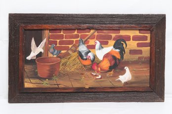 Vintage 1975 ' Barn Yard Chickens '  Oil Painting By Wilma Sehnert