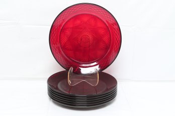 Set Of 7 Vintage Cristal D'Arques Ruby Red Cut Glass 10 Inch Dinner Plate - Star Pattern