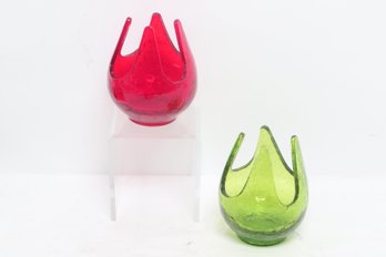 Vintage Viking Hand Blown Art Glass Vases Red & Green Mid Century Style Thierry Mugler Estate