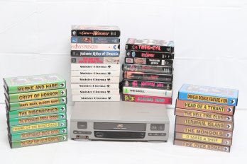 Group Of Vintage Horror VHS Movies Together With JVC  VHS Player
