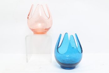 Vintage Viking Hand Blown Art Glass Vases Pink & Blue Mid Century Style Mugler Estate