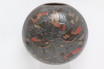 Antique/Vintage Japanese Mixed Metal Bronze Vase W/ Birds & Foliage Relief