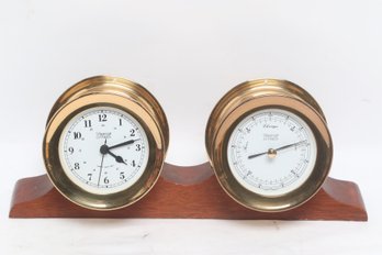 Weems & Plath Brass Ships Clock & Barometer Set On Wood Base
