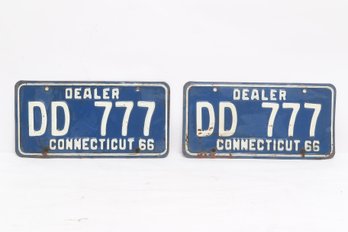 Pair 1966 Connecticut Dealer License Plates DD 777 Matching Set