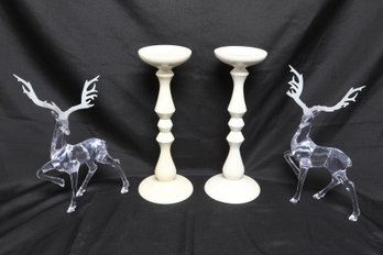 Pair Of Christmas Acrylic Reindeers Together With Crate & Barrel Wooden Candle Holders