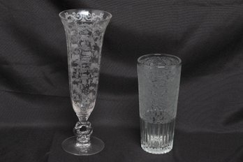 Vintage Cambridge Rose Point Etched Glass Vase & Paden City Depression Glass Vase Pair