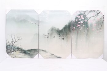 Set Of 3 Asian Style Landscape Wall Art Panels Cranes & Blossoms