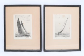 Pair Framed Signed Sailboat Etchings Yankee & Clare Quarter Nautical Art 10.5' X 8.5'