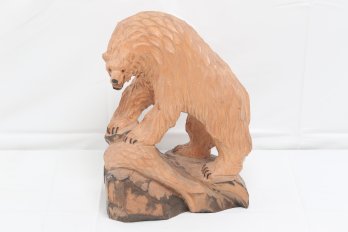 Vintage Hand Carved Bear And Fish Wooden Sculpture