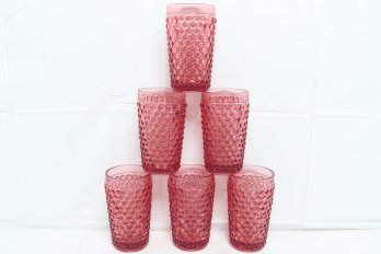 Set Of Six Pink Glass Hobnail Tumblers