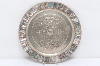 Vintage Mexican Alpaca Aztec Calendar Plate Surrounded By A Rim Of Abalone Shell Pieces