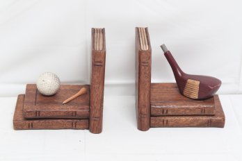 Pair Of Vintage Wood Golf Bookends