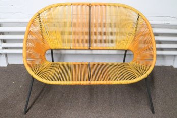 Mid Century Modern Yellow Woven Bench Loveseat Metal Hairpin Legs