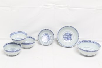 Group Of Vintage Jingdezhen Blue And White Porcelain Hollow Ramen Bowls
