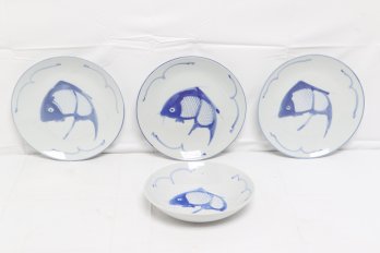 Vintage 4 Chinese Blue And White Porcelain With A Koi Fish Design