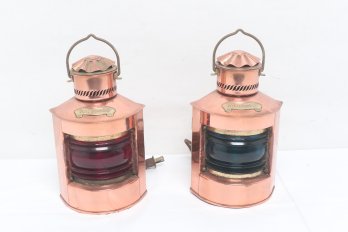 Two Vintage Copper Dutch Nautical Maritime Ship Lantern Lights STUURBOORD And BAKBOORD