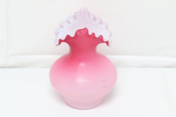 Antique/vintage Pink And White Cased Satin Glass Vase With Roofs Top