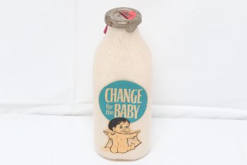 Rare Vintage ' Change For The Baby' Quart Glass Milk Bottle Still Bank