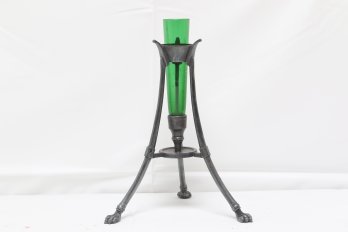 Antique Victorian Silver Plate Green Glass Bud Vase With Lion Foot Detail