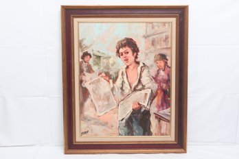 Vintage Oil Painting Of A Newspaper Boy