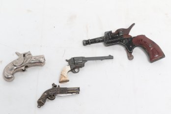 3-vintage Miniature Toy Cap Guns & 1-gun Handle Folding Pocket Knife