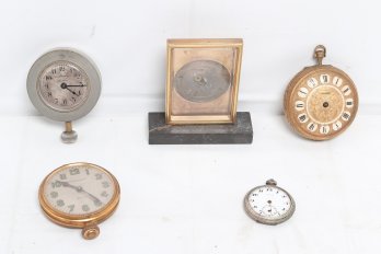 4-antique/vintage Travel Alarm Clocks & 1-pocket Watch (waltham, Brevet, Combine, Etc.)
