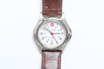Wenger S.m.t, Design Men's Swiss Army Wrist Watch With A White Dial And Brown Leather Strap - Working