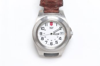 Victorinox Swiss Army Garrison Men's Wrist Watch With A White Dial And Brown Leather Strap