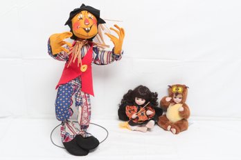 Large Annalee Scarecrow Doll Together With Other Two Collectible Dolls