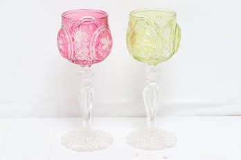 Two Crystals Wine Glass Foot Goblet Overlay - Hand Cut