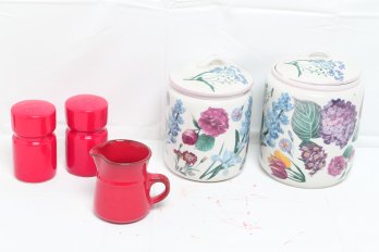 Two Williams Sonoma Vintage RB Bernarda Portugal Canisters Together With Other Ceramics