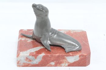 .vintage Metal Sea Lion On Marble Base