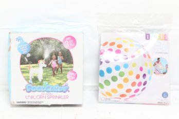 PoloCandy Inflatable Unicorn Sprinkler Together With 42' Beach Jumbo Ball - New In Boxes