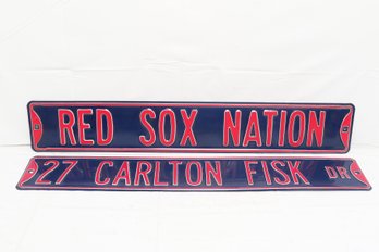 Two Boston Red Sox-themed Metal Signs