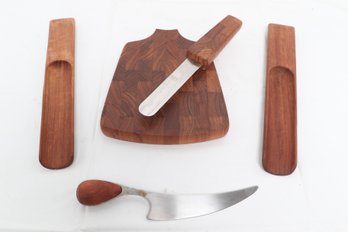 Group Of Vintage Dansk Items Wood Bowls, Cheese Board, Knives