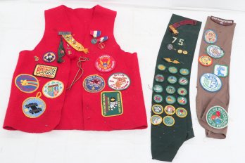 Vintage Boy Scouts Of America Red Felt Vest With Various Patches And Medals