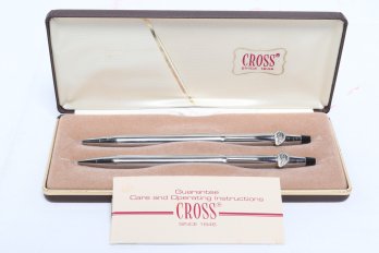 Vintage Cross Chrome Pen And Pencil Set With Box And Papers