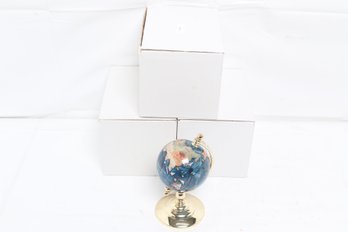 Three Vintage Brass Blue Lapis Inlaid Gemstone Rotating Desk Globes - NOS In Boxes