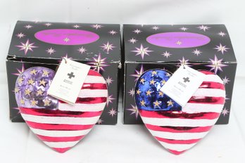 Two Christopher Radko American Red Cross Brave Heart Ornaments 9/11 USA Flag NOS