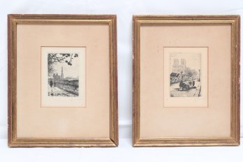 Two Vintage Small French Etchings - Signed In Pencil