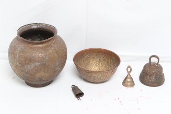 Group Of Vintage Brass Items Including Heavy Old Brass/bronze Sanctuary Bell