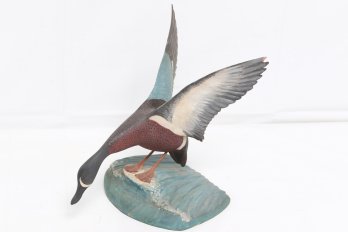 Vintage Hand Carved Duck Curving On Stand - Signed