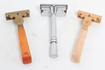 Antique Safety Razor Grouping 2- Schick Injectors W/ Bakelite Handles & 1-GEM Micromatic