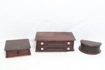 3 Antique Spool Cabinets/Primitive Storage: 2 Drawer W/Porcelain Knobs, Single Draw & Lidded Container