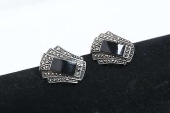 Stunning Antique Art Deco Sterling W/black Onyx & Marcasite Pierced Earrings
